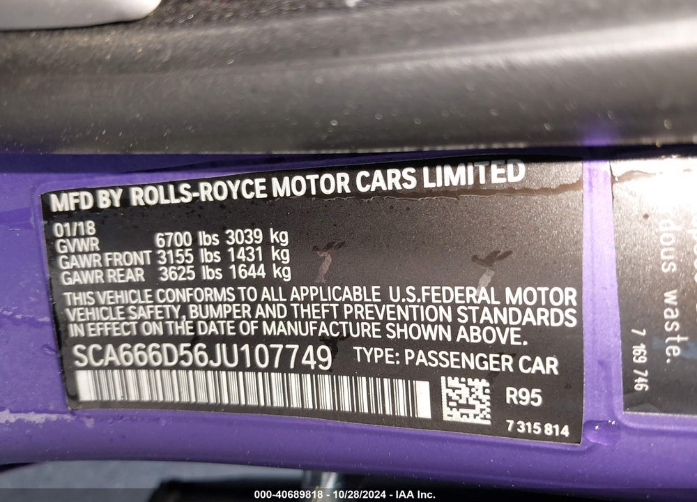 2018 ROLLS-ROYCE DAWN VIN: SCA666D56JU107749