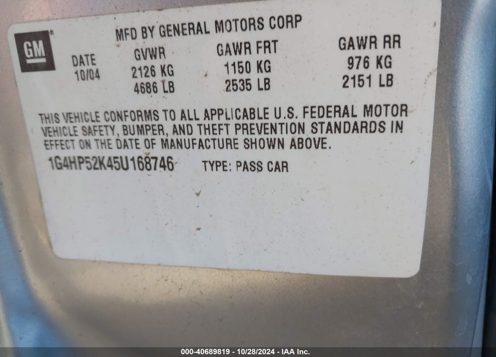 2005 BUICK LESABRE CUSTOM VIN: 1G4HP52K45U168746