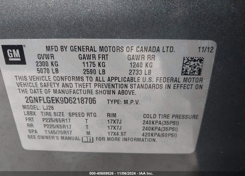 2013 CHEVROLET EQUINOX LTZ VIN: 2GNFLGEK9D6218706
