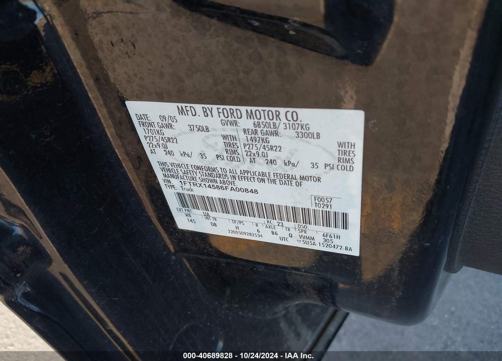 2006 FORD F-150 FX4/LARIAT/XL/XLT VIN: 1FTRX14586FA00848