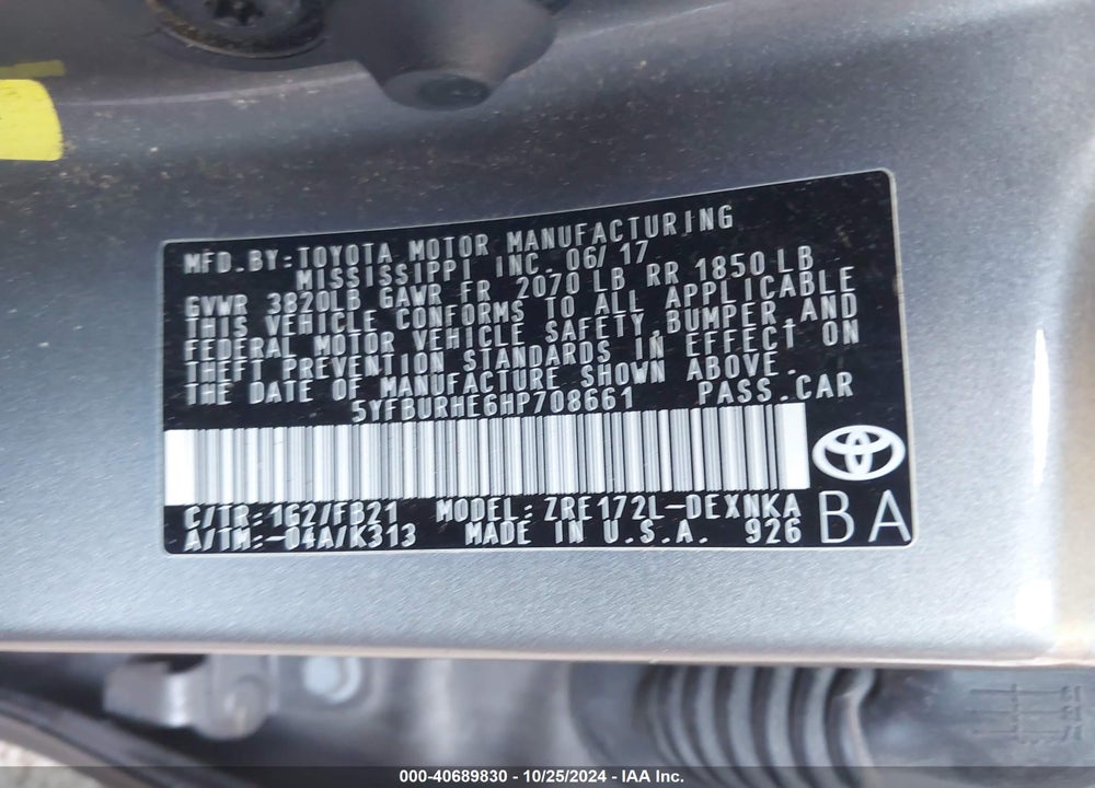2017 TOYOTA COROLLA LE VIN: 5YFBURHE6HP708661
