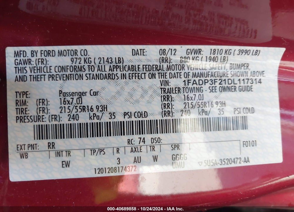2013 FORD FOCUS VIN: 1FADP3F21DL117314