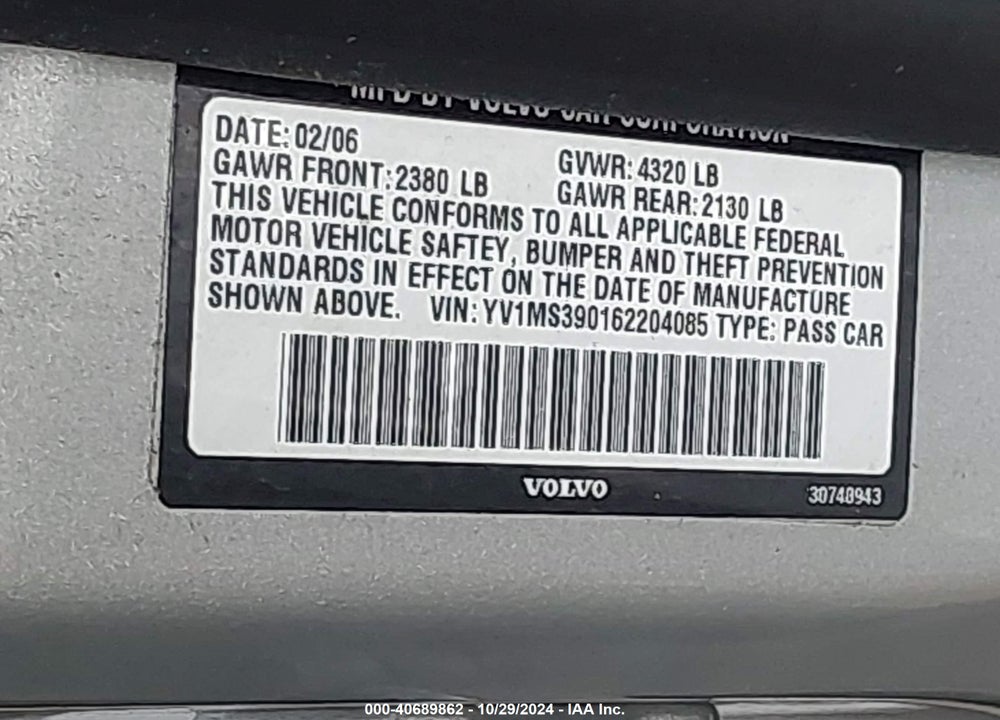 2006 VOLVO S40 2.4I VIN: YV1MS390162204085