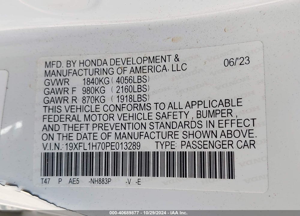 2023 HONDA CIVIC EX-L /EX-L W/O BSI VIN: 19XFL1H70PE013289