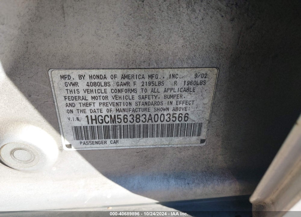 2003 HONDA ACCORD 2.4 LX VIN: 1HGCM56383A003566