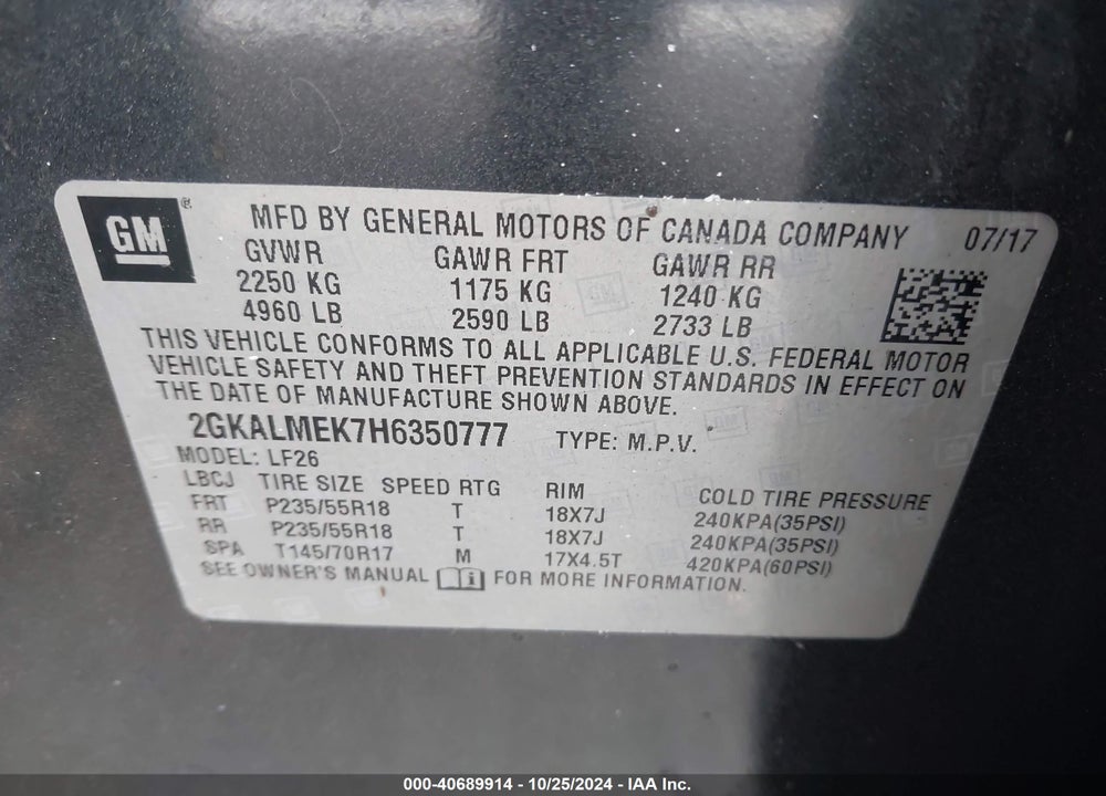 2017 GMC TERRAIN SLE-1 VIN: 2GKALMEK7H6350777