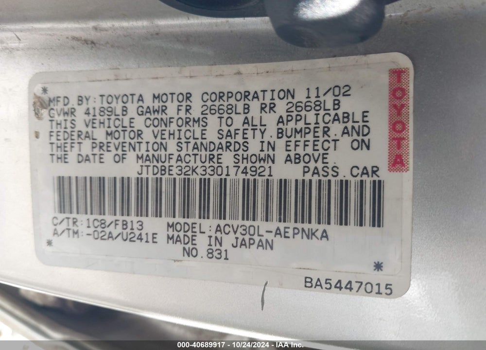 2003 TOYOTA CAMRY LE VIN: JTDBE32K330174921