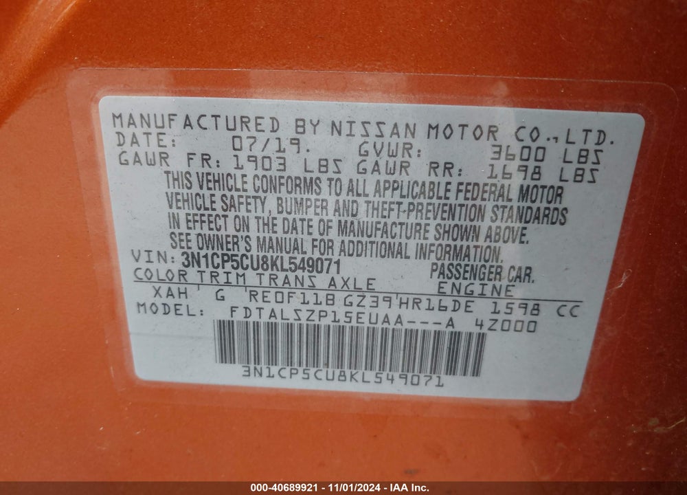 2019 NISSAN KICKS SV VIN: 3N1CP5CU8KL549071
