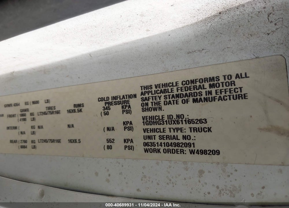 2006 GMC SAVANA CUTAWAY WORK VAN VIN: 1GDHG31UX61165263