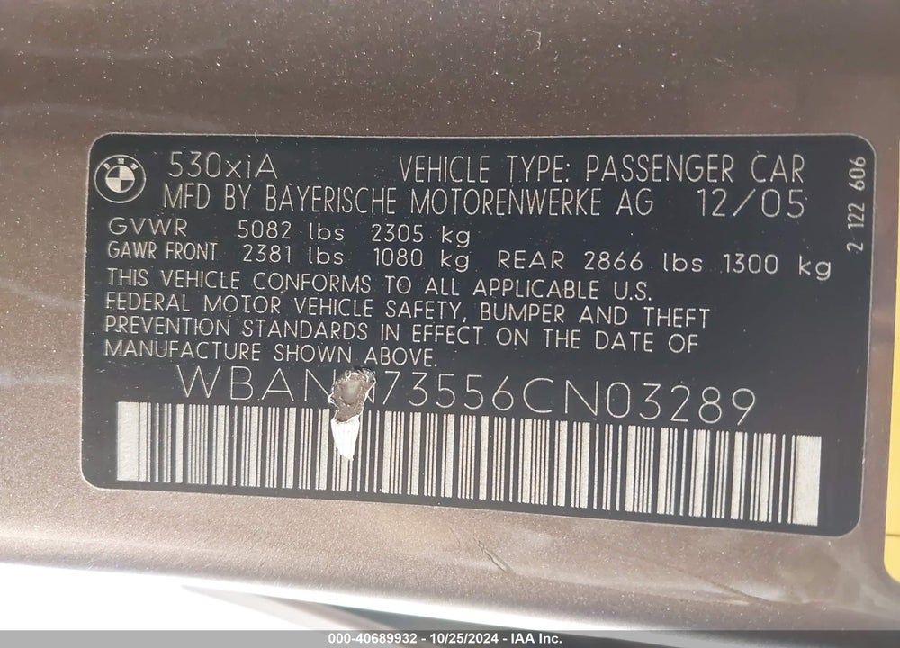 2006 BMW 530XIT VIN: WBANN73556CN03289