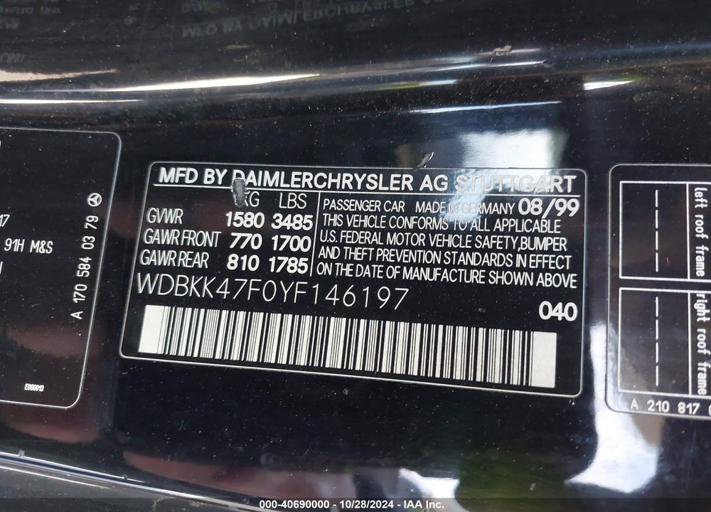 2000 MERCEDES-BENZ SLK 230 KOMPRESSOR VIN: WDBKK47F0YF146197