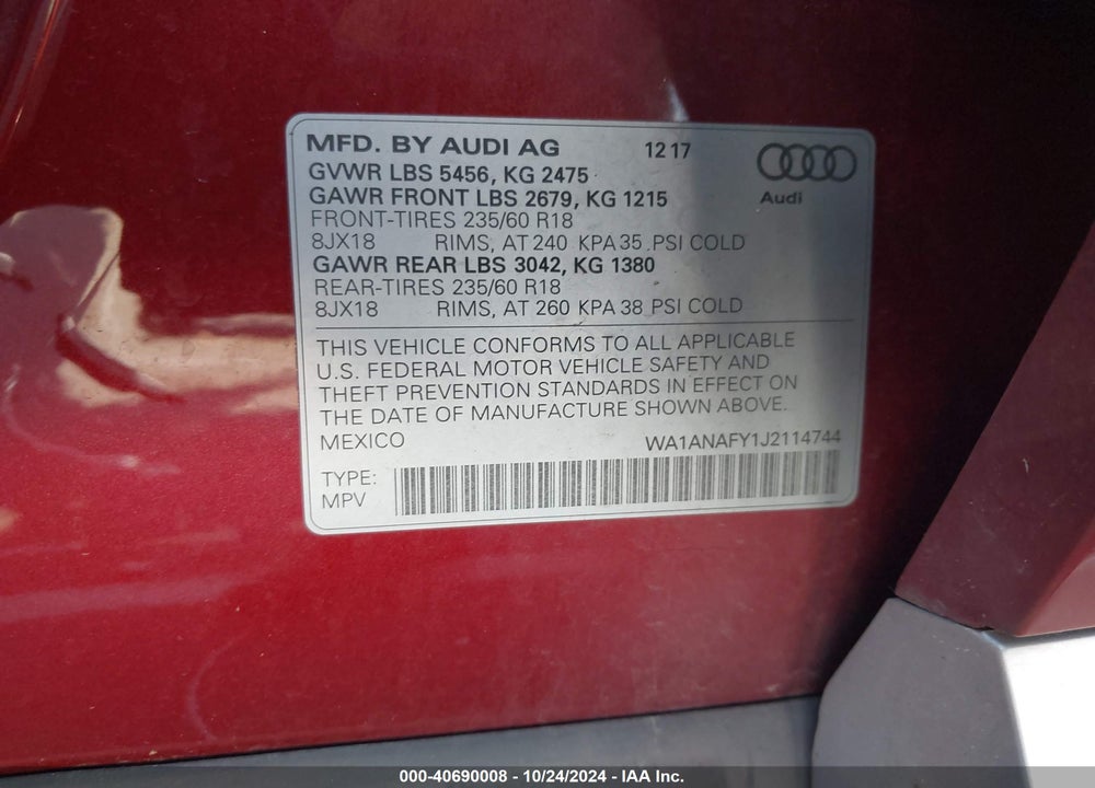 2018 AUDI Q5 2.0T PREMIUM/2.0T TECH PREMIUM VIN: WA1ANAFY1J2114744