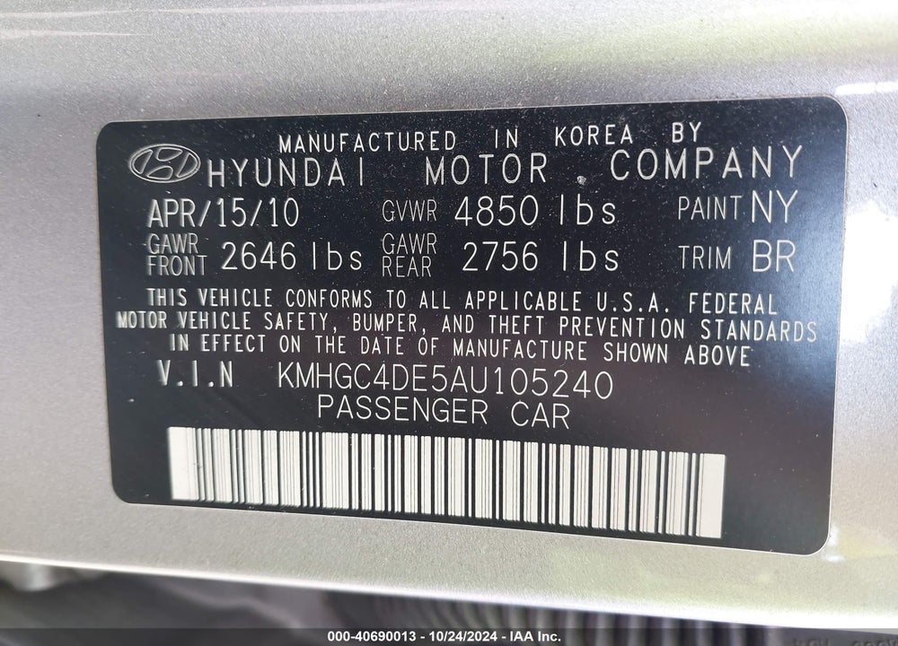 2010 HYUNDAI GENESIS 3.8 VIN: KMHGC4DE5AU105240