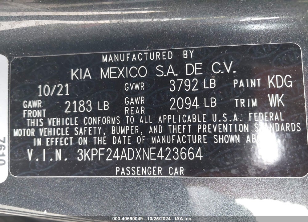 2022 KIA FORTE LXS VIN: 3KPF24ADXNE423664