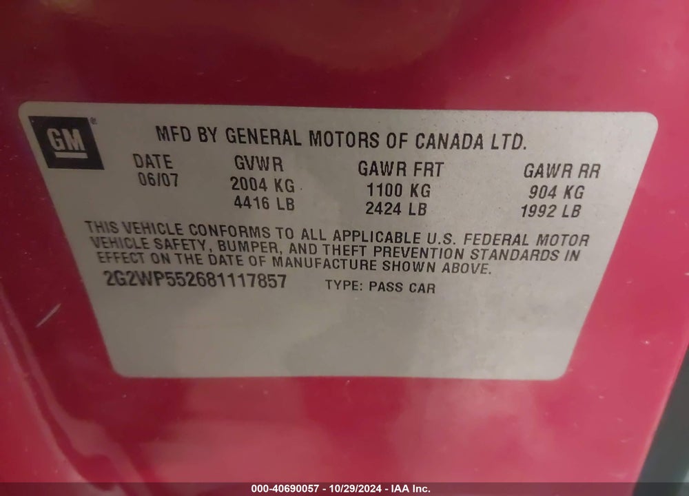2008 PONTIAC GRAND PRIX VIN: 2G2WP552681117857