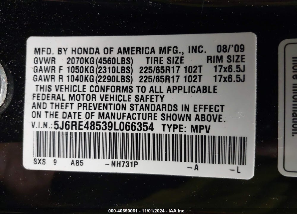 2009 HONDA CR-V EX VIN: 5J6RE48539L066354
