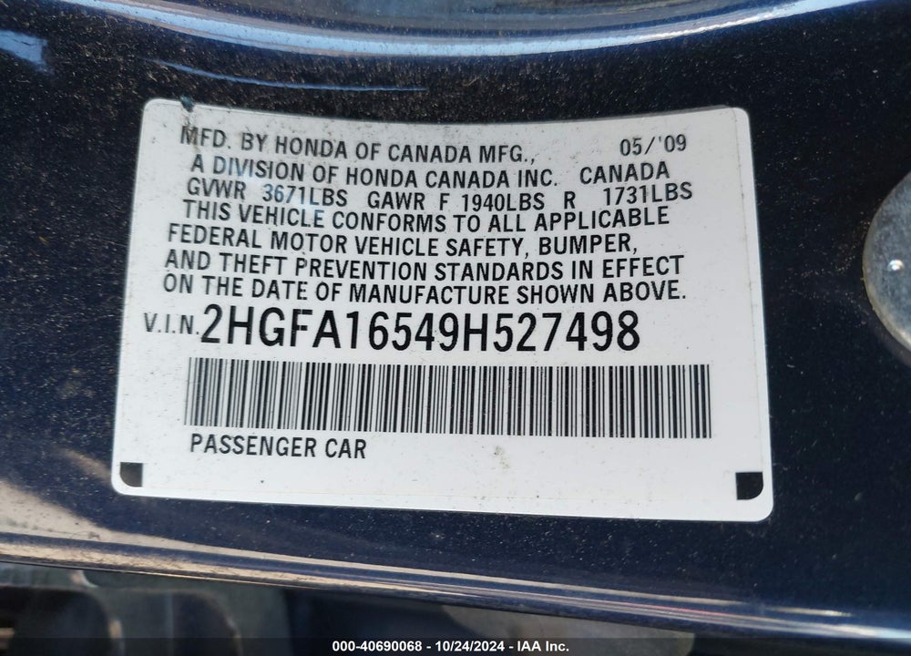 2009 HONDA CIVIC LX VIN: 2HGFA16549H527498