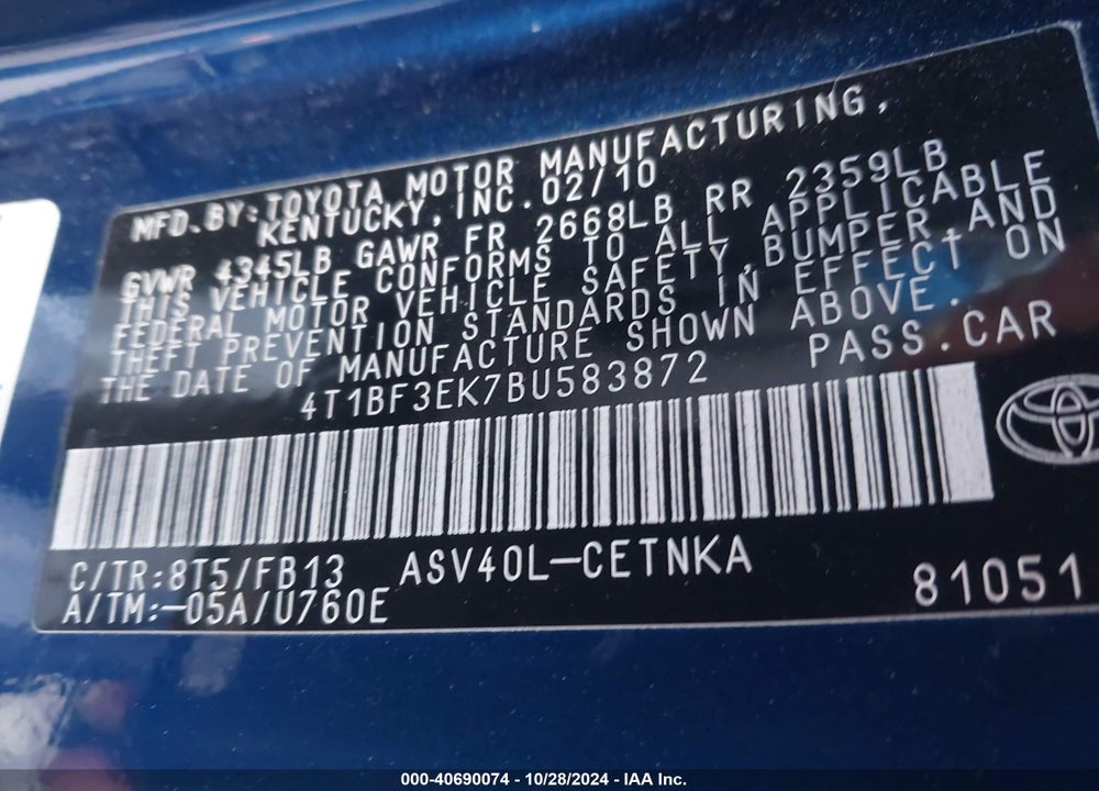 2011 TOYOTA CAMRY LE VIN: 4T1BF3EK7BU583872