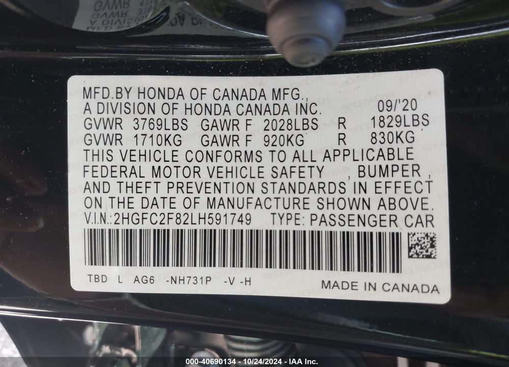 2020 HONDA CIVIC SPORT VIN: 2HGFC2F82LH591749