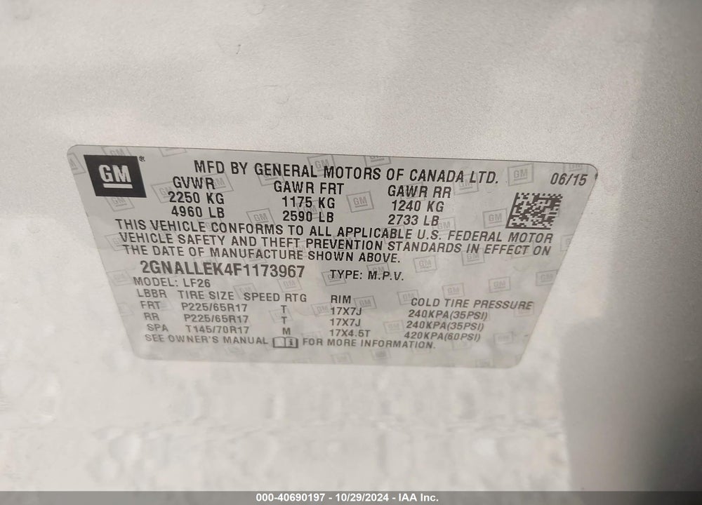 2015 CHEVROLET EQUINOX L VIN: 2GNALLEK4F1173967