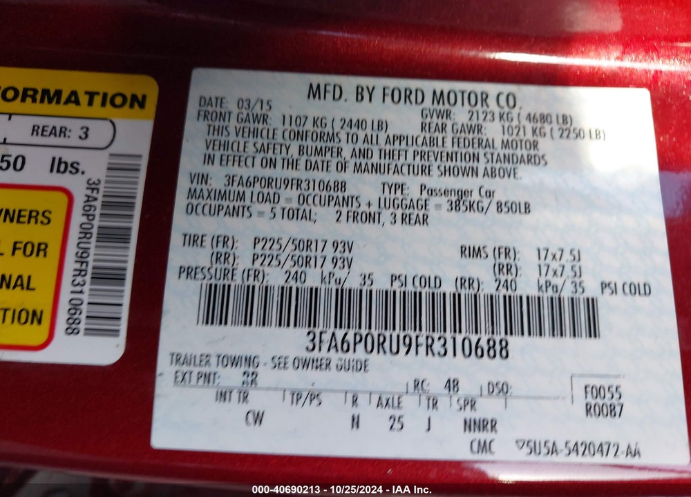 2015 FORD FUSION HYBRID TITANIUM VIN: 3FA6P0RU9FR310688