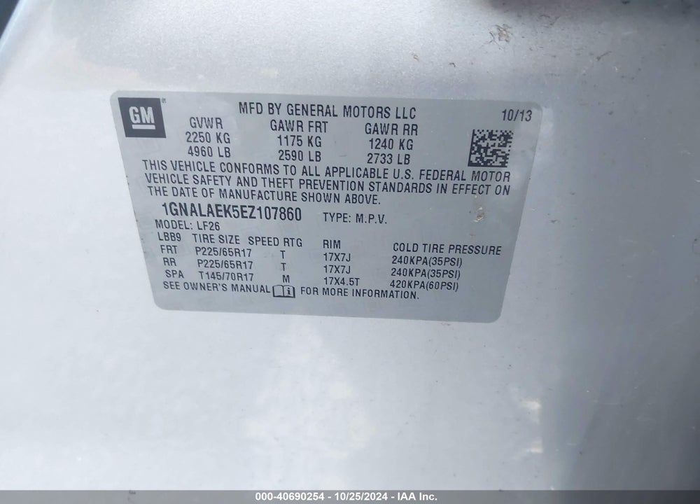 2014 CHEVROLET EQUINOX LS VIN: 1GNALAEK5EZ107860