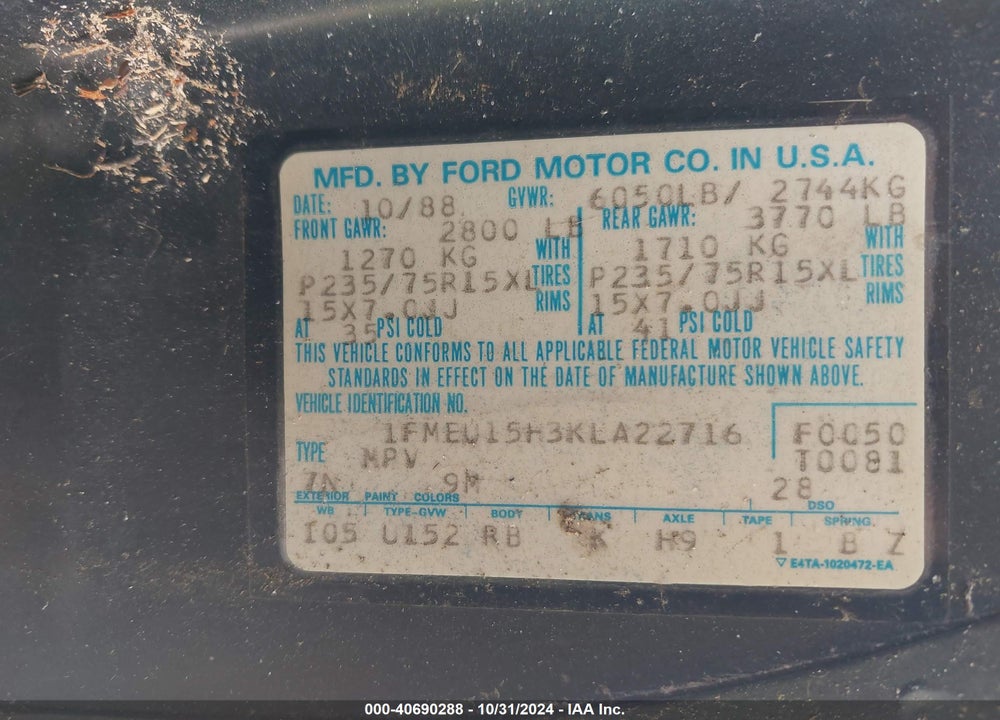 1989 FORD BRONCO U100 VIN: 1FMEU15H3KLA22716