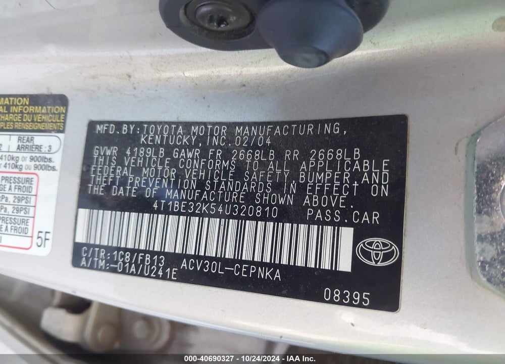 2004 TOYOTA CAMRY LE VIN: 4T1BE32K54U320810