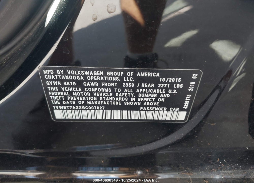 2016 VOLKSWAGEN PASSAT 1.8T SE VIN: 1VWBT7A3XGC007027