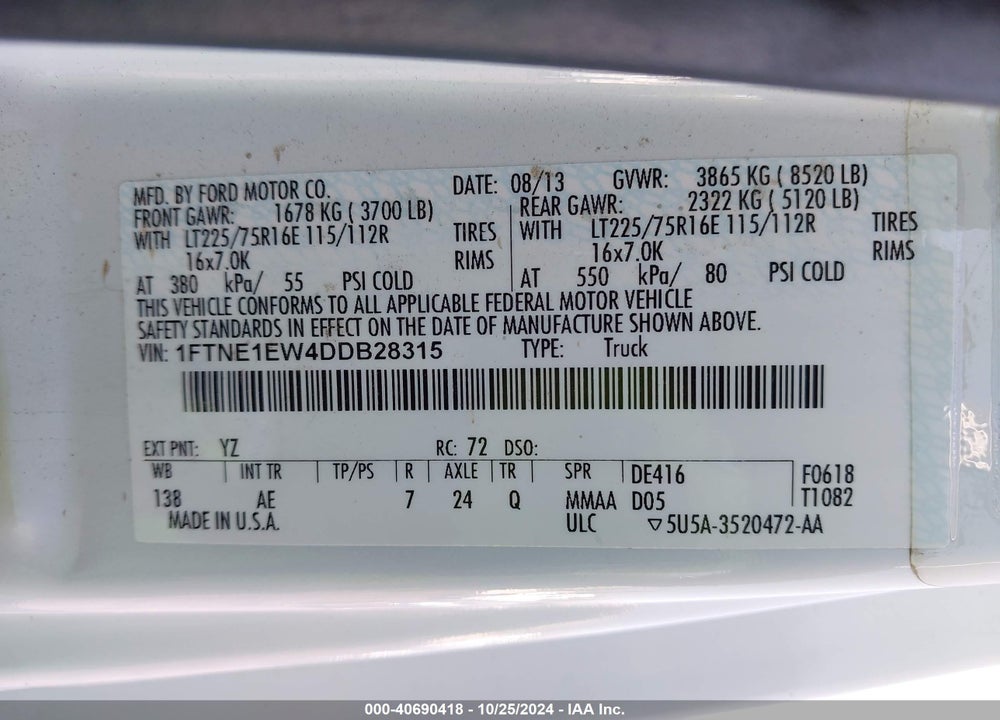 2013 FORD E-150 COMMERCIAL VIN: 1FTNE1EW4DDB28315