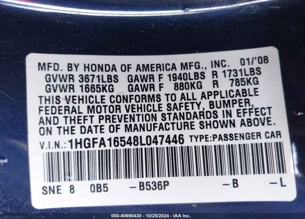 2008 HONDA CIVIC LX VIN: 1HGFA16548L047446