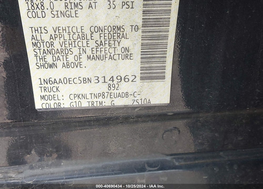 2011 NISSAN TITAN SV VIN: 1N6AA0EC5BN314962