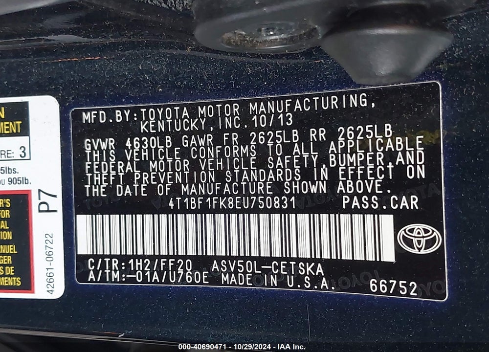 2014 TOYOTA CAMRY SE VIN: 4T1BF1FK8EU750831
