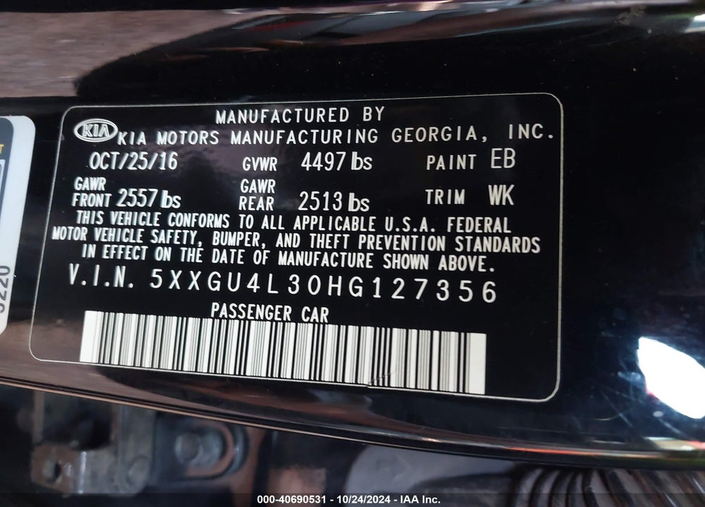 2017 KIA OPTIMA EX VIN: 5XXGU4L30HG127356