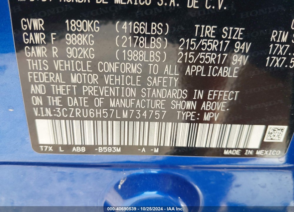 2020 HONDA HR-V AWD EX VIN: 3CZRU6H57LM734757