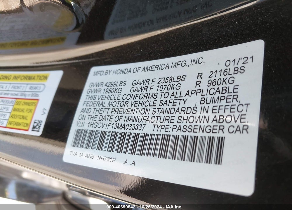 2021 HONDA ACCORD VIN: 1HGCV1F13MA033337