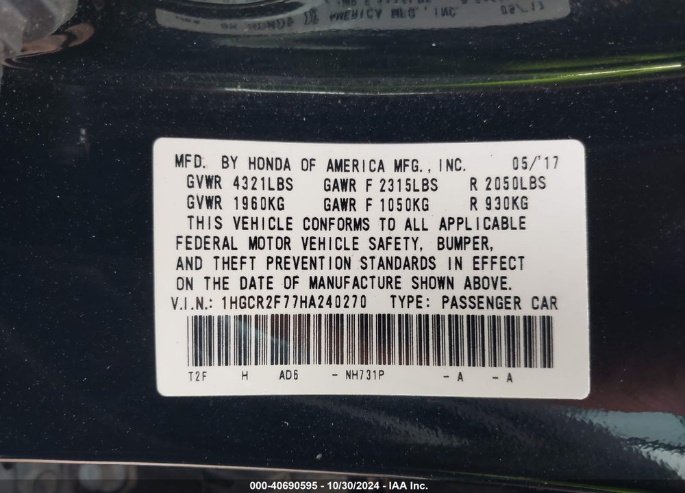 2017 HONDA ACCORD EX VIN: 1HGCR2F77HA240270