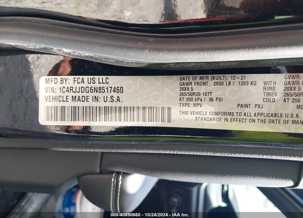 2022 JEEP GRAND CHEROKEE L OVERLAND 4X2 VIN: 1C4RJJDG6N8517460