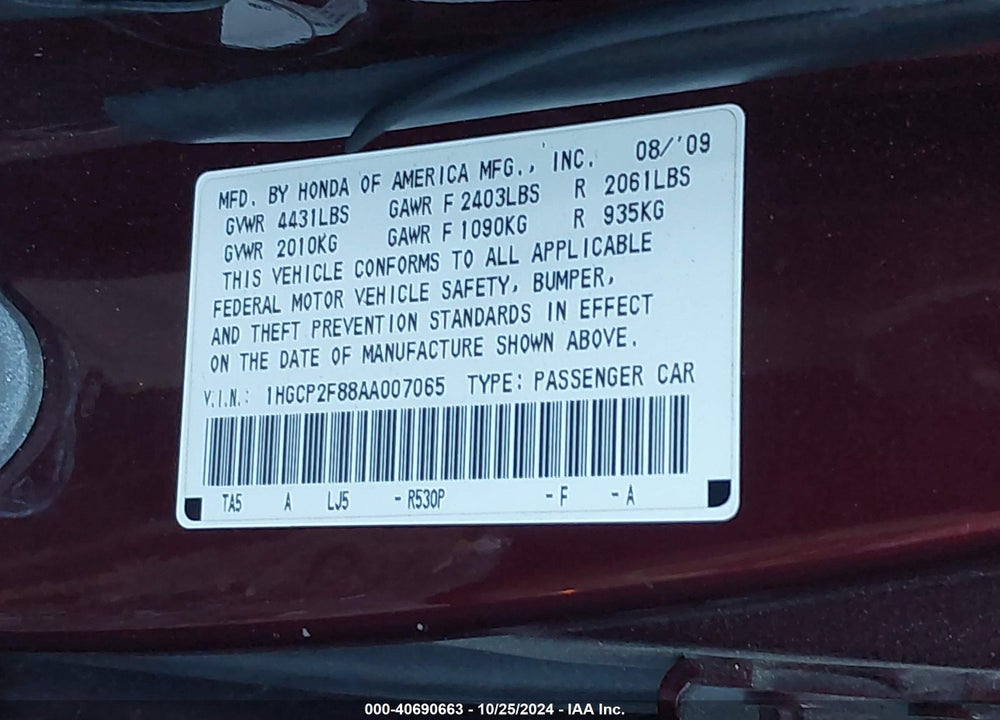 2010 HONDA ACCORD 2.4 EX-L VIN: 1HGCP2F88AA007065