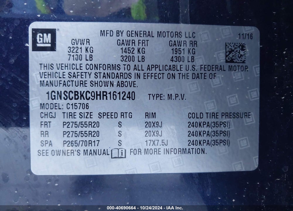 2017 CHEVROLET TAHOE LT VIN: 1GNSCBKC9HR161240