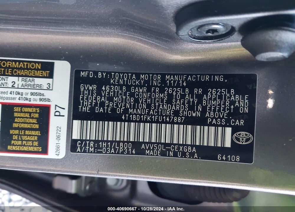 2015 TOYOTA CAMRY HYBRID XLE VIN: 4T1BD1FK1FU147887