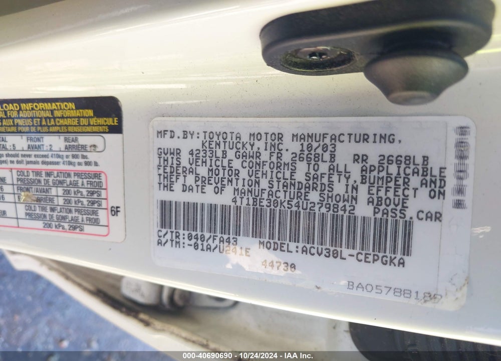2004 TOYOTA CAMRY LE/SE/XLE VIN: 4T1BE30K544279842