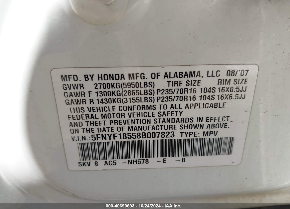 2008 HONDA PILOT EX-L VIN: 5FNYF18558B007823