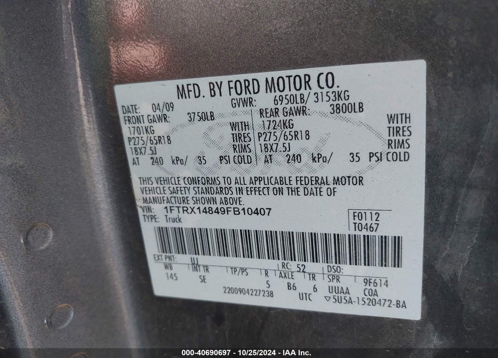 2009 FORD F-150 STX VIN: 1FTRX14849FB10407