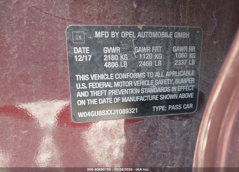 2018 BUICK REGAL TOURX PREFERRED VIN: W04GU8SXXJ1089321