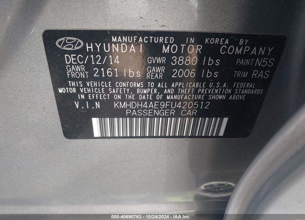 2015 HYUNDAI ELANTRA SE VIN: KMHDH4AE9FU420512
