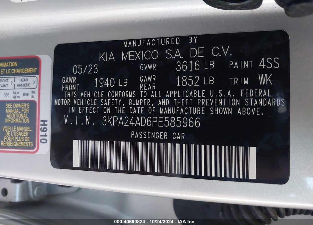 2023 KIA RIO S VIN: 3KPA24AD6PE585966