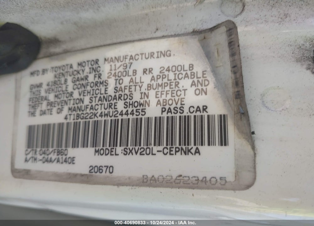 1998 TOYOTA CAMRY LE VIN: 4T1BG22K4WU244455