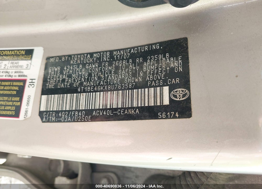 2008 TOYOTA CAMRY LE VIN: 4T1BE46KX8U763587