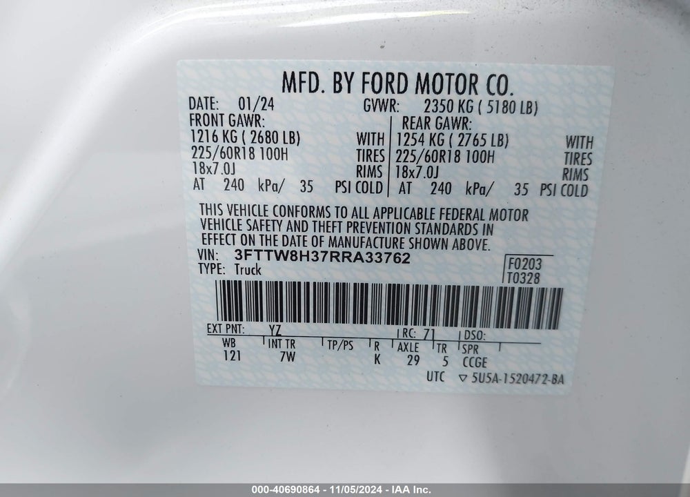 2024 FORD MAVERICK XLT VIN: 3FTTW8H37RRA33762